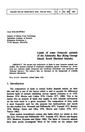 Lipids of Some Antarctic Animals of the Admiralty Bay (King George Island, South Shetland Islands)
