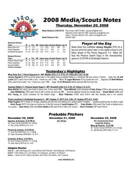 2008 Media/Scouts Notes Thursday, November 20, 2008