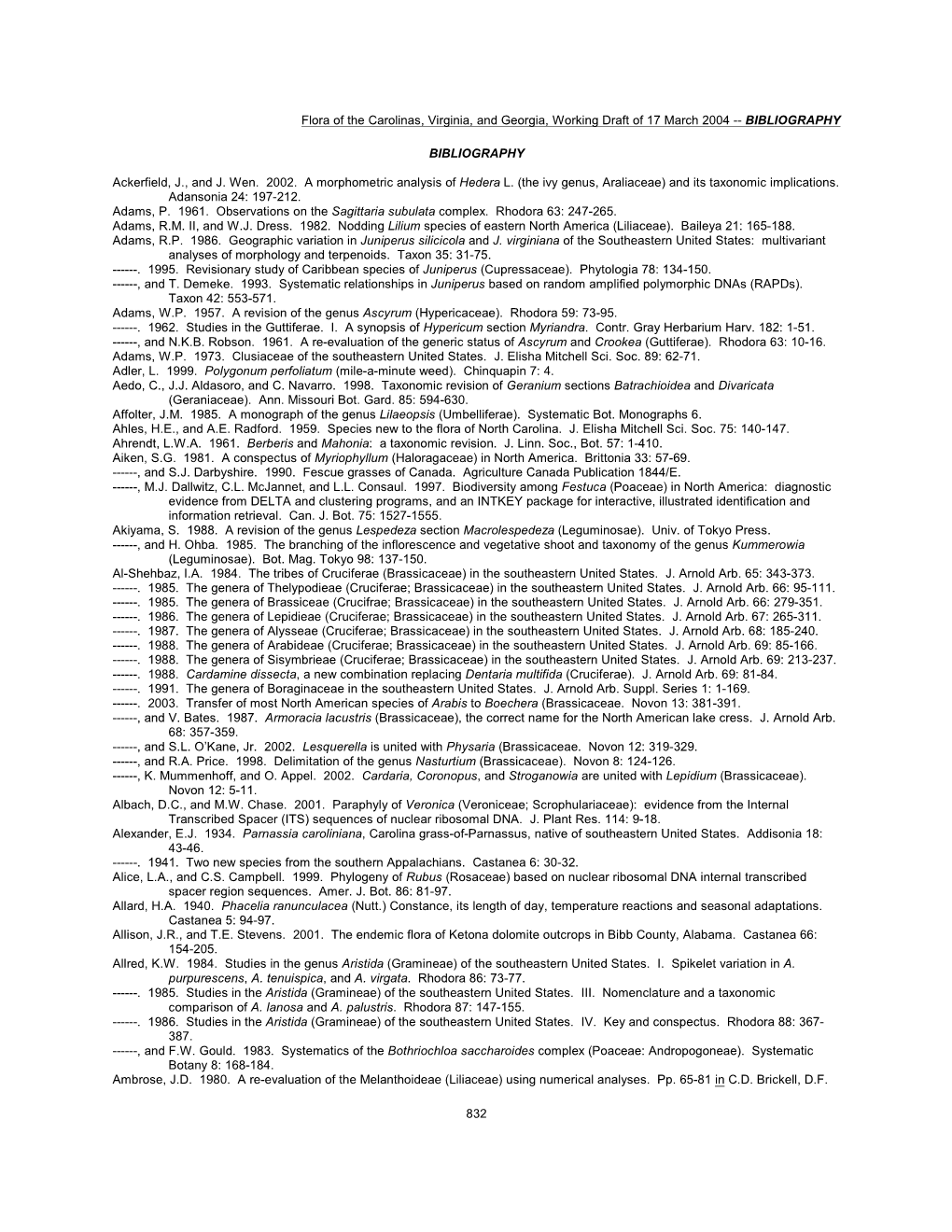 Flora of the Carolinas, Virginia, and Georgia, Working Draft of 17 March 2004 -- BIBLIOGRAPHY