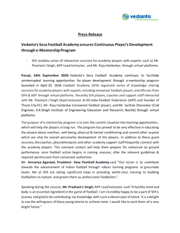 Press Release Vedanta's Sesa Football Academy Ensures
