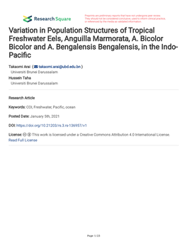 Variation in Population Structures of Tropical Freshwater Eels, Anguilla Marmorata, A