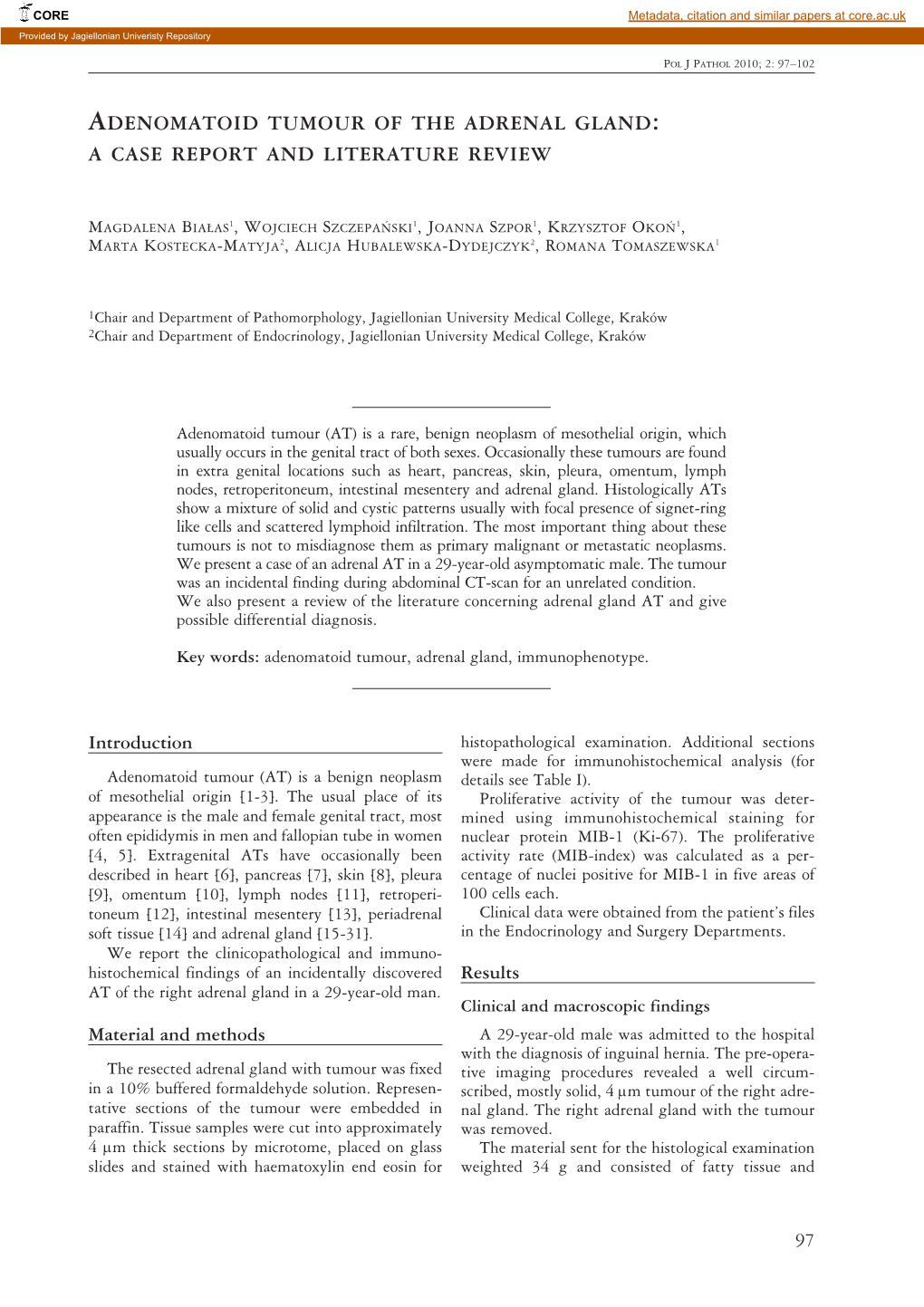 Adenomatoid Tumour of the Adrenal Gland: a Case Report and Literature Review