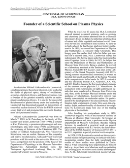 Founder of a Scientific School on Plasma Physics