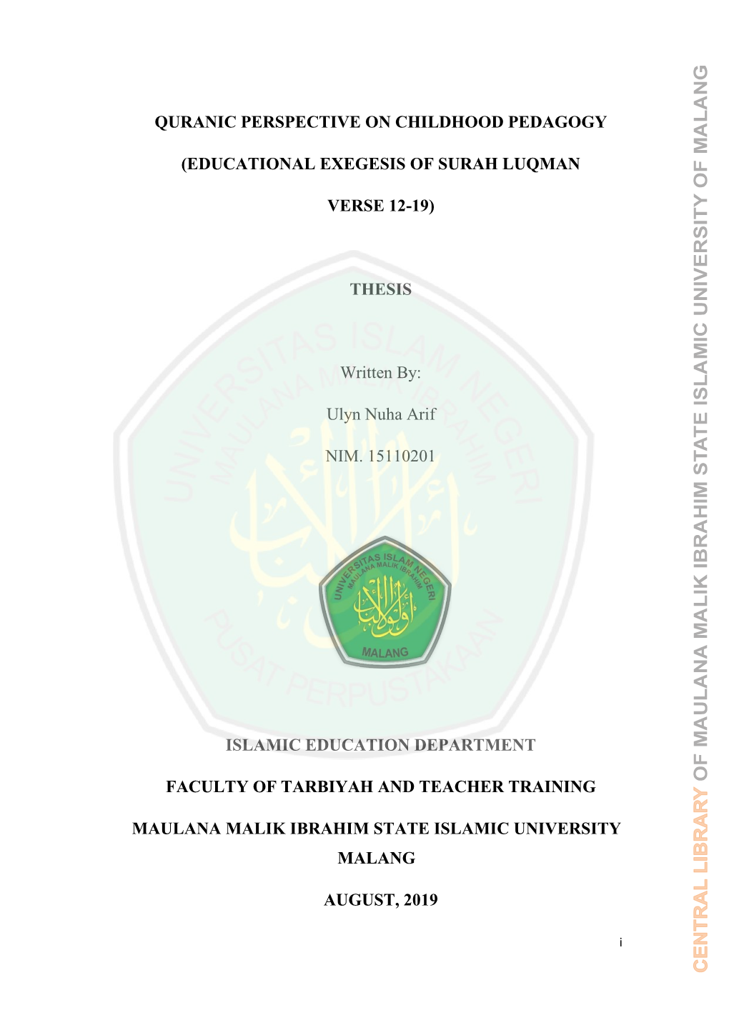 Educational Exegesis of Surah Luqman Verse 12-19)" to Fulfill Some Requirements to Obtain a Bachelor of Islamic Education (S
