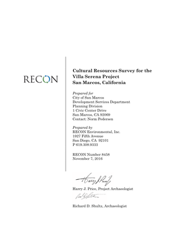 Cultural Resources Survey for the Villa Serena Project San Marcos, California