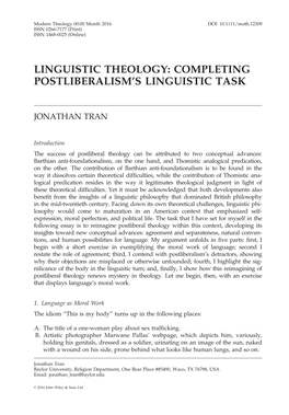 Linguistic Theology: Completing Postliberalism’S Linguistic Task