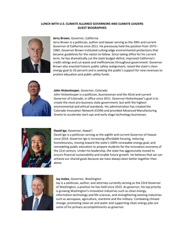 Lunch with U.S. Climate Alliance Governors and Climate Leaders Guest Biographies