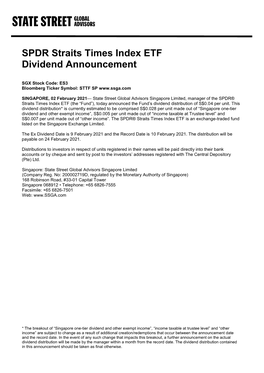 SPDR Straits Times Index ETF Dividend Announcement