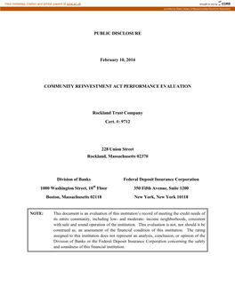 PUBLIC DISCLOSURE February 10, 2014 COMMUNITY REINVESTMENT ACT PERFORMANCE EVALUATION Rockland Trust Company Cert. #: 9712 228 U