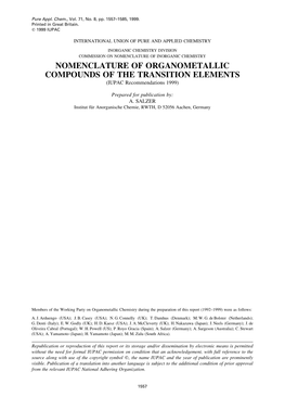 Organometallic Nomenclature Therefore Usually Combines the Nomenclature of Organic Chemistry and That of Coordination Chemistry