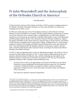 Fr John Meyendorff and the Autocephaly of the Orthodox Church in America1