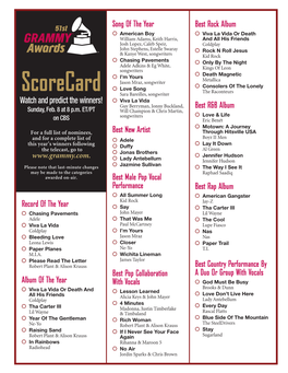 Scorecard the Raconteurs Sara Bareilles, Songwriter Watch and Predict the Winners! Viva La Vida Guy Berryman, Jonny Buckland, Best R&B Album Sunday, Feb