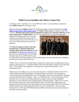 Pablo Cruz to Headline San Mateo County Fair