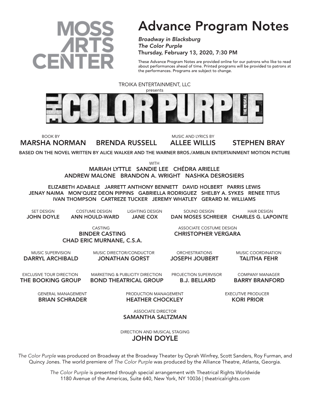 Advance Program Notes Broadway in Blacksburg the Color Purple Thursday, February 13, 2020, 7:30 PM