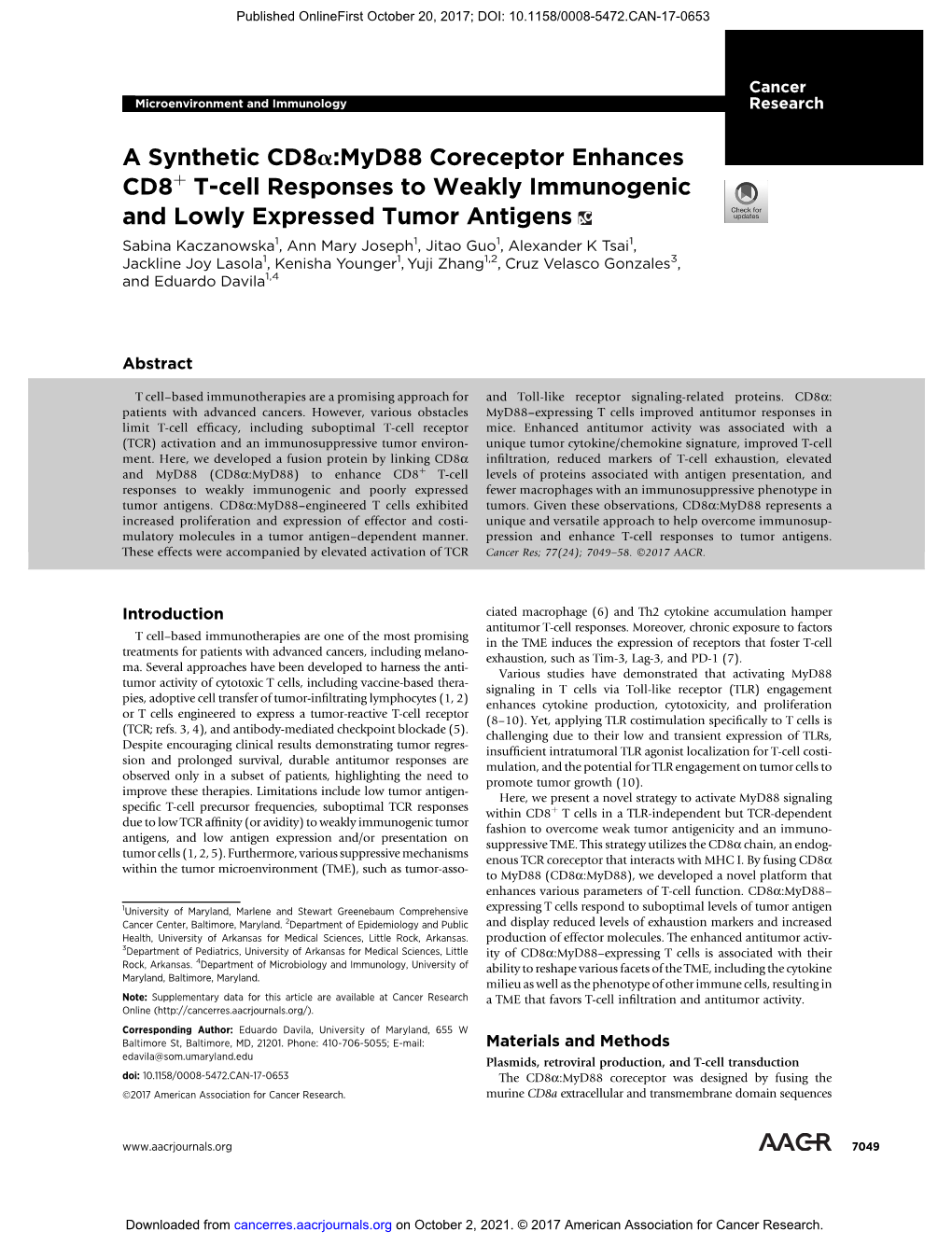 A Synthetic Cd8a:Myd88 Coreceptor Enhances