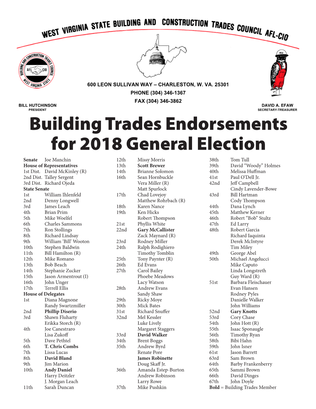 Building Trades Endorsements for 2018 General Election