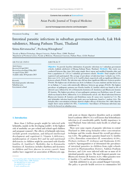 Intestinal Parasitic Infections in Suburban Government Schools, Lak Hok Subdistrict, Muang Pathum Thani, Thailand Sirima Kitvatanachai1*, Pochong Rhongbutsri2