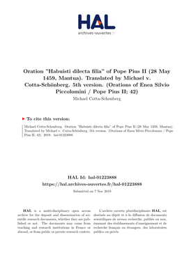 Oration ''Habuisti Dilecta Filia'' of Pope Pius II (28 May 1459, Mantua). Translated by Michael V. Cotta-Schönb