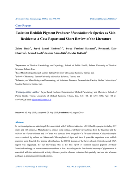 Isolation Reddish Pigment Producer Metschnikowia Species As Skin Residents: a Case Report and Short Review of the Literature