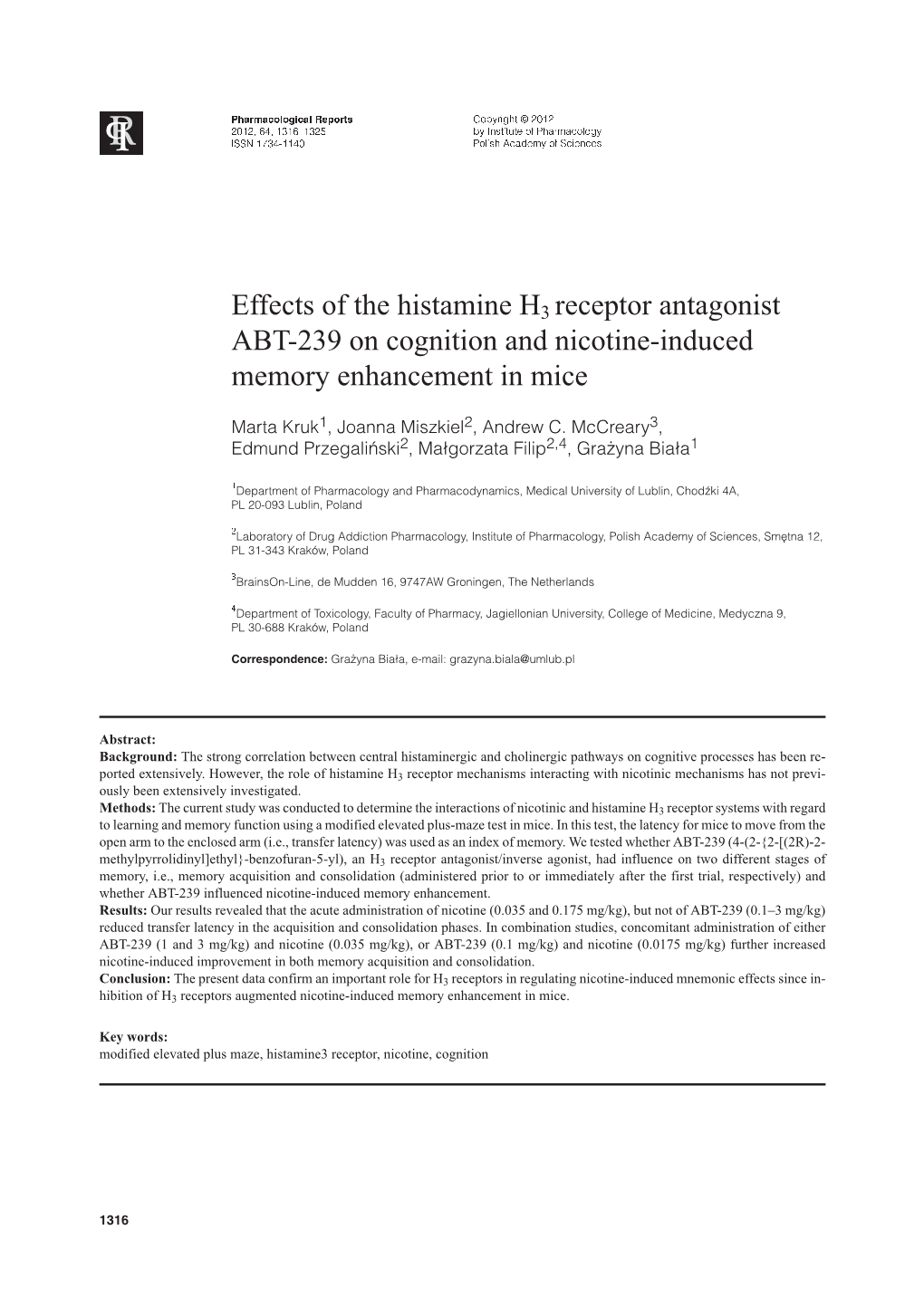 Effects of the Histamine H3 Receptor Antagonist ABT-239 on Cognition