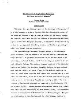 The Phonemes of Mary's River Kalapuyant Analyzing an Extinct Languagel Yvonne Hajda Lortland State University Introduction This