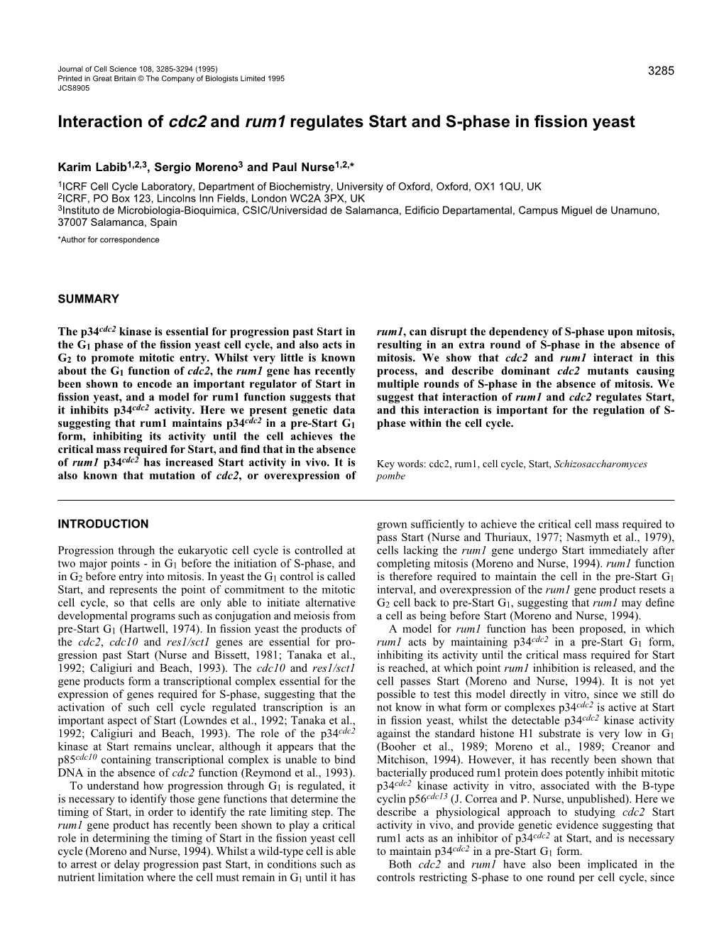 Interaction of Cdc2 and Rum1 Regulates Start and S-Phase in Fission Yeast