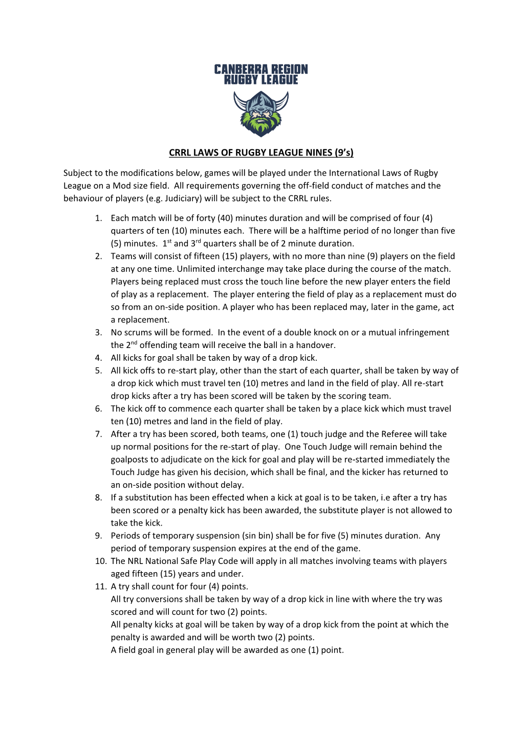 CRRL LAWS of RUGBY LEAGUE NINES (9'S)