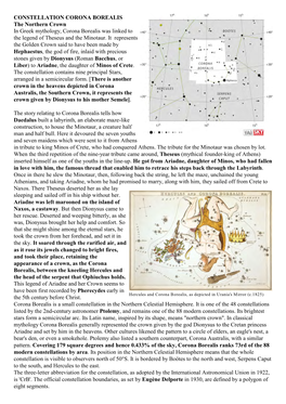 CONSTELLATION CORONA BOREALIS the Northern Crown in Greek Mythology, Corona Borealis Was Linked to the Legend of Theseus and the Minotaur