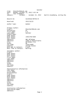 Hatcher From: Hhatcher@Nbcok.Com Sent: Monday, October 22, 2012 5:05 PM To: FDIC Starsmail Subject: [STARS] - October 22, 2012 Martin Gruenberg, Acting Cha