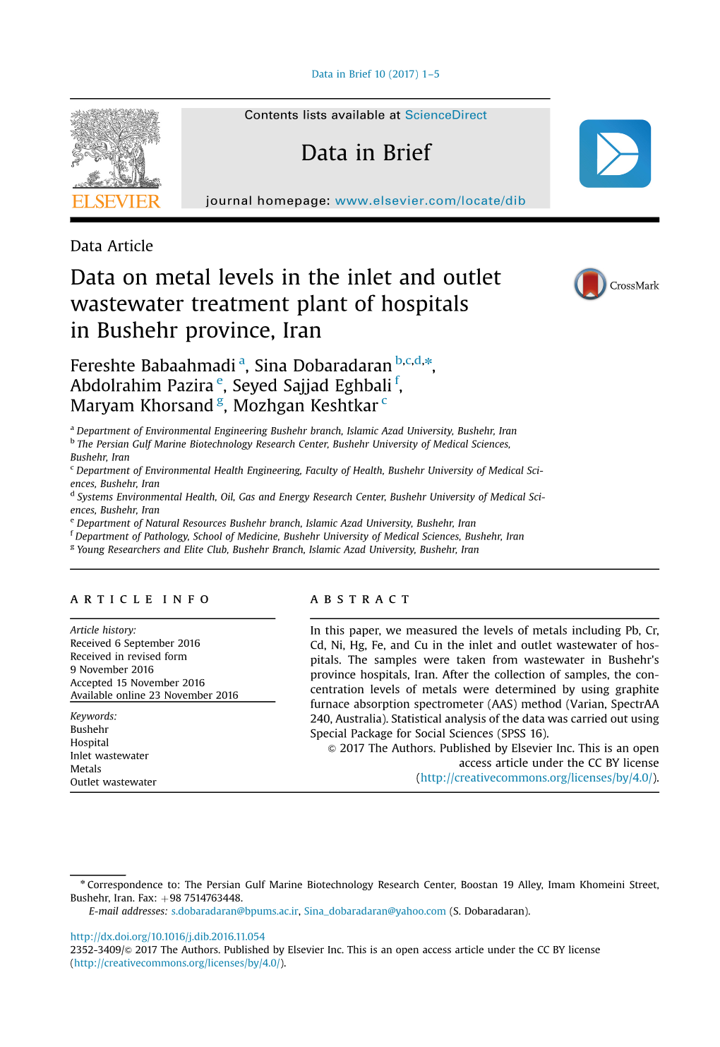 Data on Metal Levels in the Inlet and Outlet Wastewater Treatment Plant of Hospitals in Bushehr Province, Iran