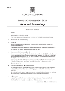 28 September 2020 Votes and Proceedings