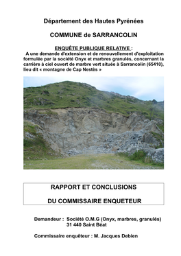Département Des Hautes Pyrénées COMMUNE De SARRANCOLIN