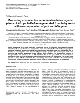 Promoting Scopolamine Accumulation in Transgenic Plants of Atropa Belladonna Generated from Hairy Roots with Over Expression of Pmt and H6h Gene