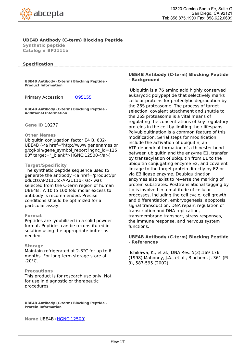 UBE4B Antibody (C-Term) Blocking Peptide Synthetic Peptide Catalog # Bp2111b