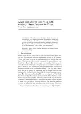 Logic and Object Theory in 19Th Century: from Bolzano to Frege Yury Yu