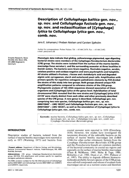 Description of Cellulophaga Baltica Gen. Nov., Sp. Nov. and Cellulophaga Fucicola Gen. Nov., Sp. Nov. and Reclassification of [C