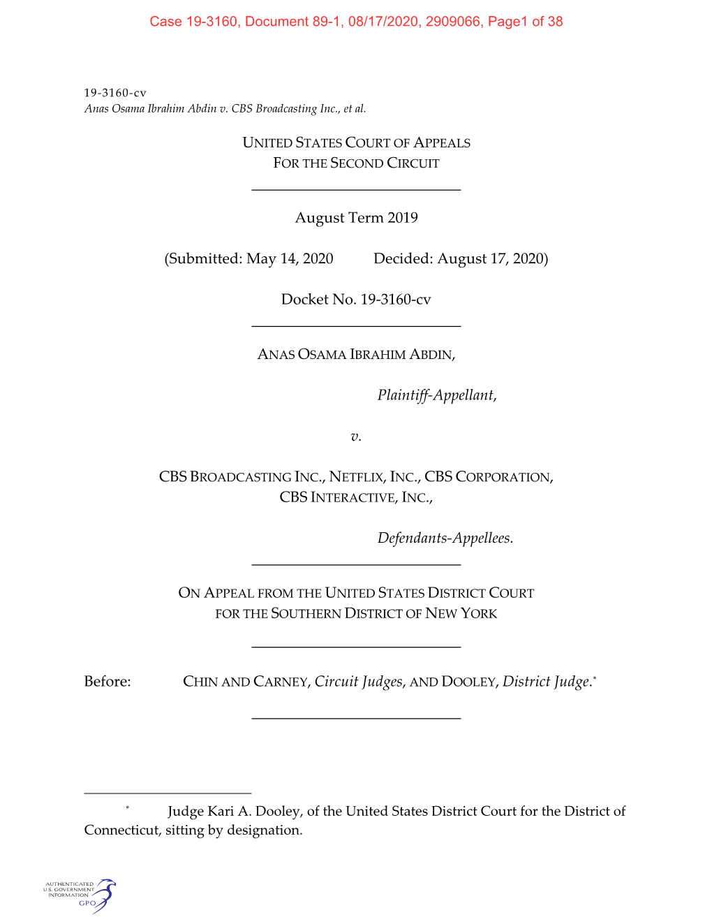 Docket No. 19-3160-Cv Plaintiff-Appellant, V. Defendants