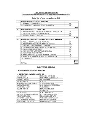 LIST of STAR CAMPAIGNERS General Elections to Tamil Nadu Legislative Assembly 2011