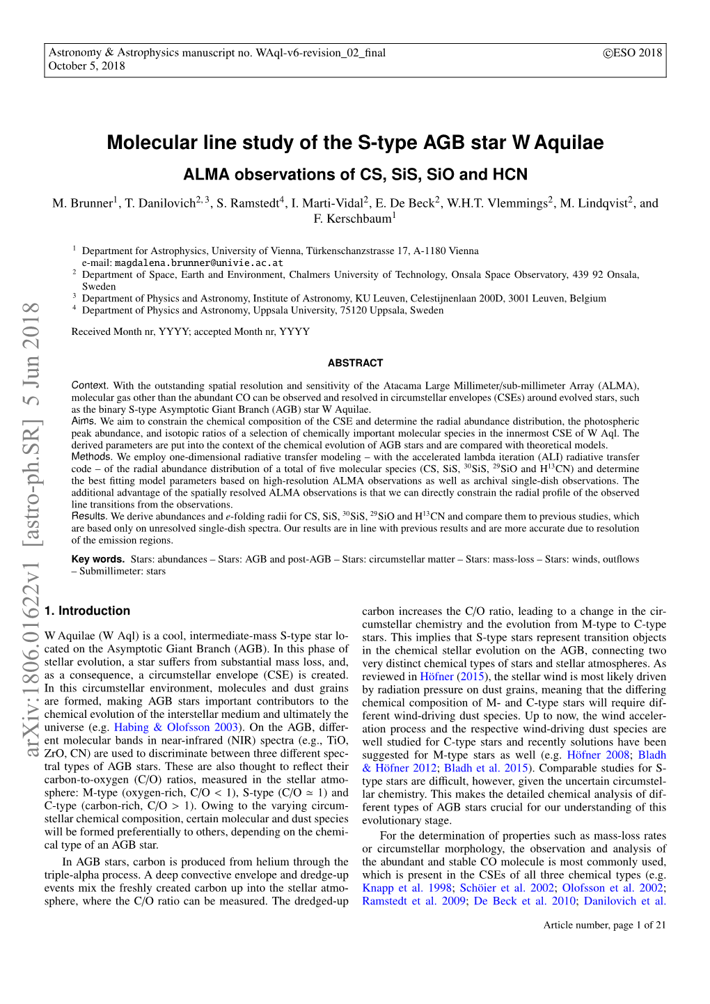Molecular Line Study of the S-Type AGB Star W Aquilae ALMA Observations of CS, Sis, Sio and HCN