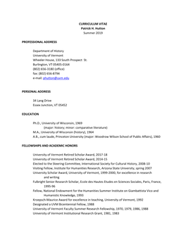 CURRICULUM VITAE Patrick H. Hutton Summer 2019