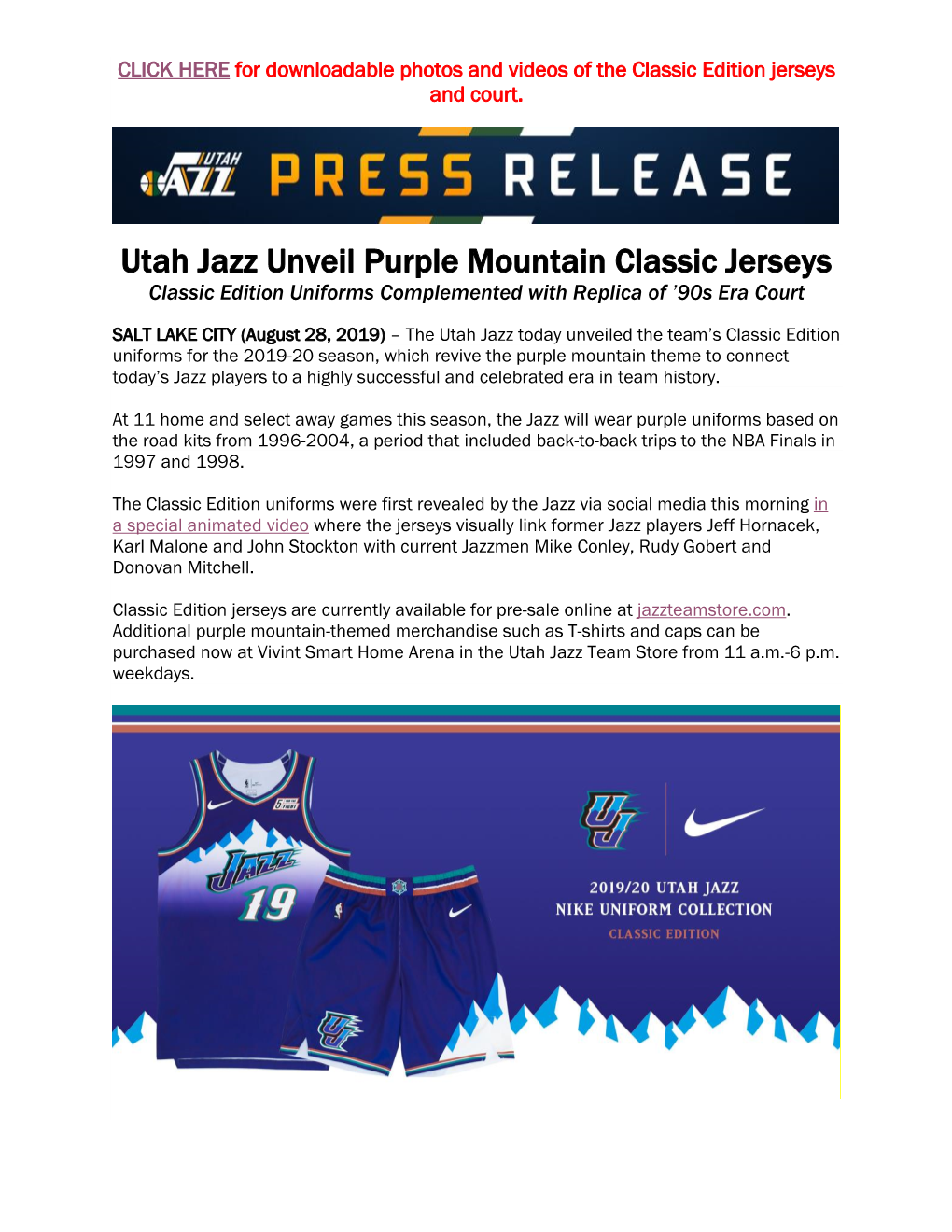 Utah Jazz Unveil Purple Mountain Classic Jerseys Classic Edition Uniforms Complemented with Replica of ’90S Era Court