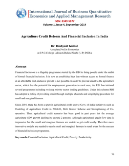 Agriculture Credit Reform and Financial Inclusion in India