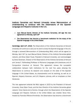 Instituto Cervantes and Harvard University Renew Memorandum Of