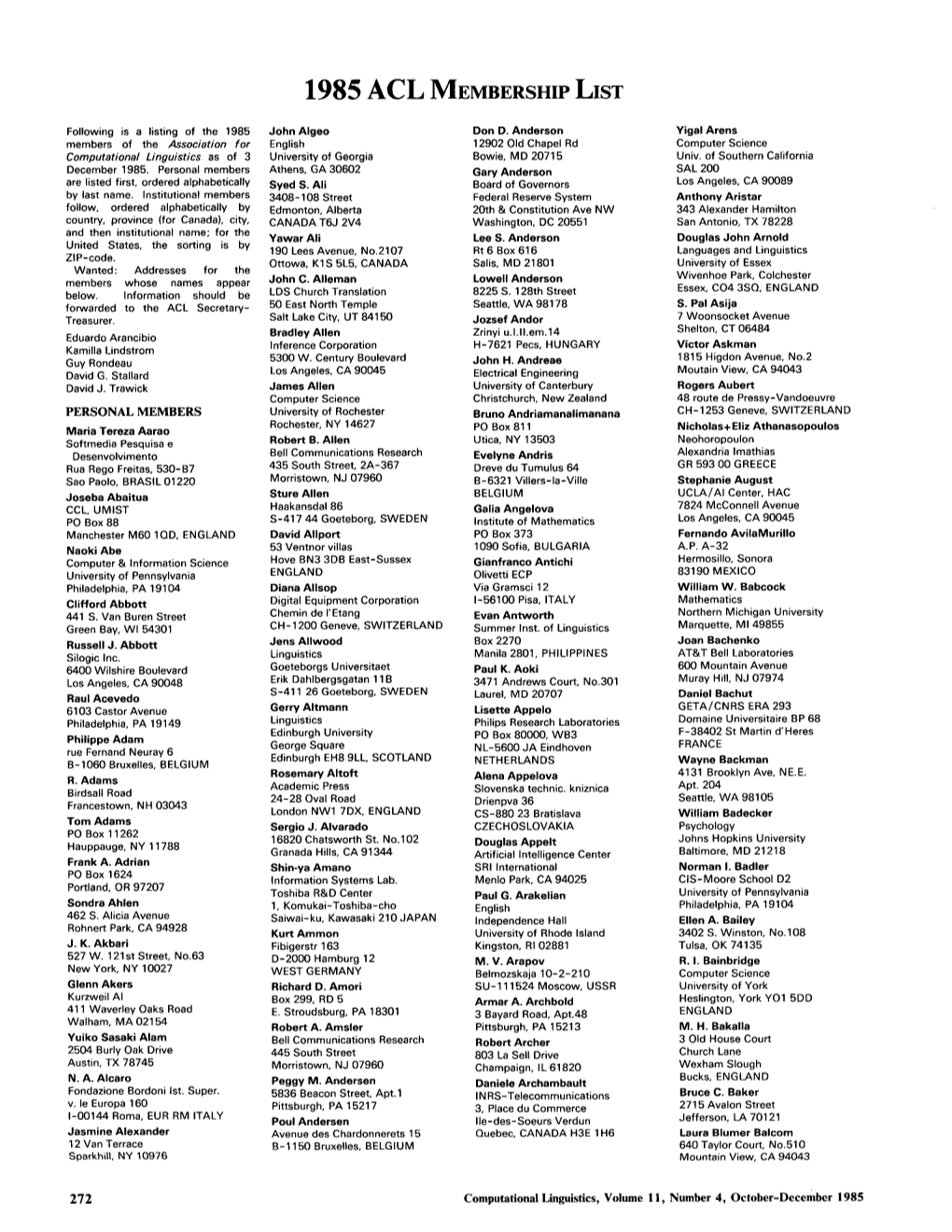 1985 ACL Membership List