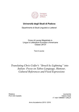 Translating Chris Colfer's “Struck by Lightning” Into Italian: Focus on Taboo Language, Humour, Cultural References and Fixed Expressions