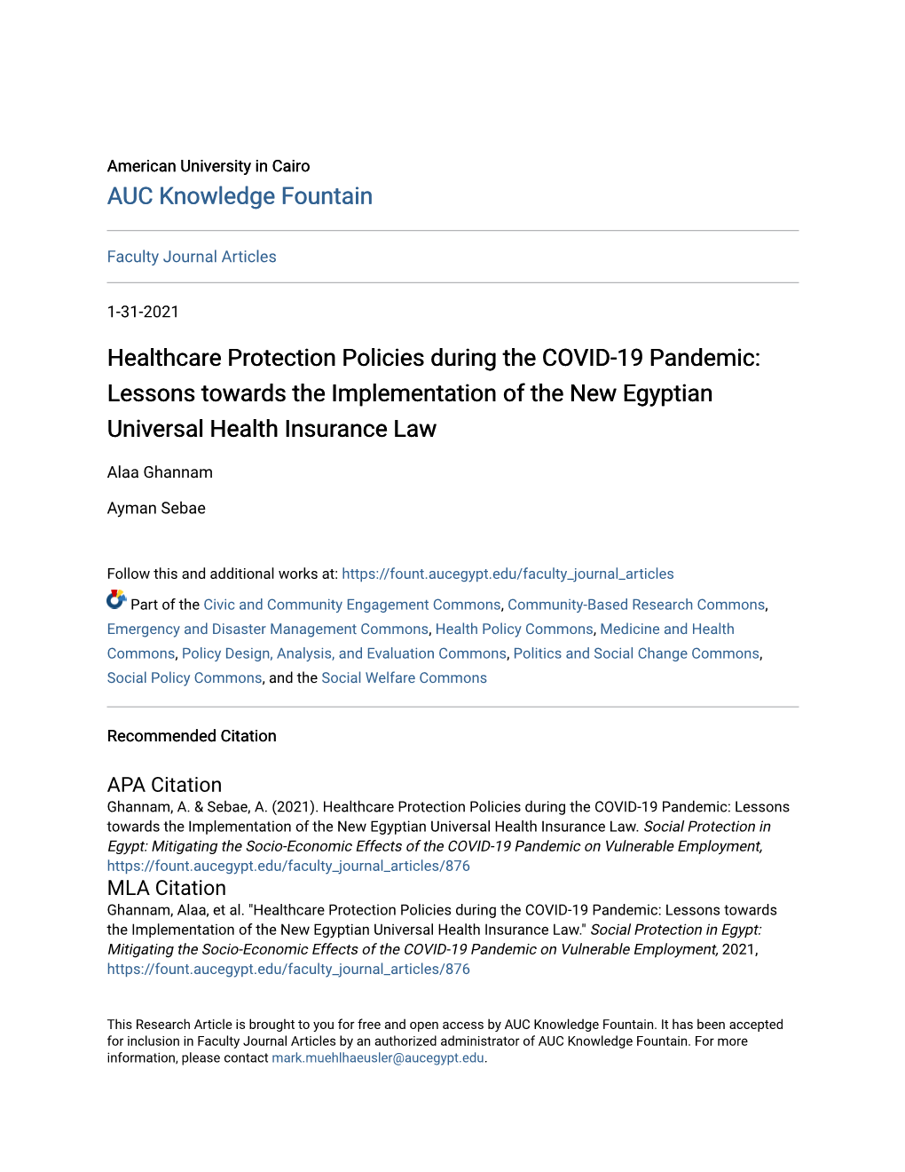 Healthcare Protection Policies During the COVID-19 Pandemic: Lessons Towards the Implementation of the New Egyptian Universal Health Insurance Law