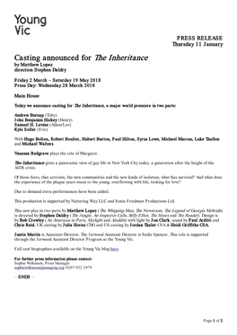 Casting Announced for the Inheritance by Matthew Lopez Direction Stephen Daldry