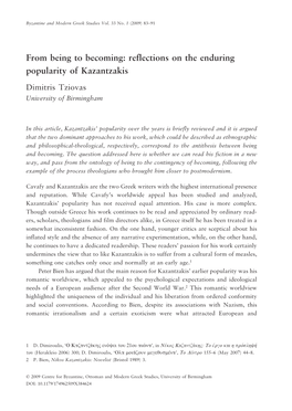Reflections on the Enduring Popularity of Kazantzakis Dimitris Tziovas University of Birmingham