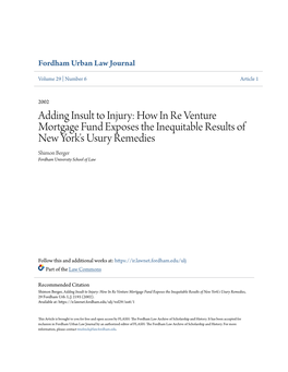 How in Re Venture Mortgage Fund Exposes the Inequitable Results of New York's Usury Remedies Shimon Berger Fordham University School of Law