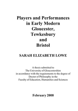 Players and Performances in Early Modern Gloucester, Tewkesbury and Bristol
